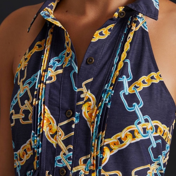 Anthropologie Maeve Chain Pattern Halter Maxi Dress - Navy and Gold - Picture 3 of 3